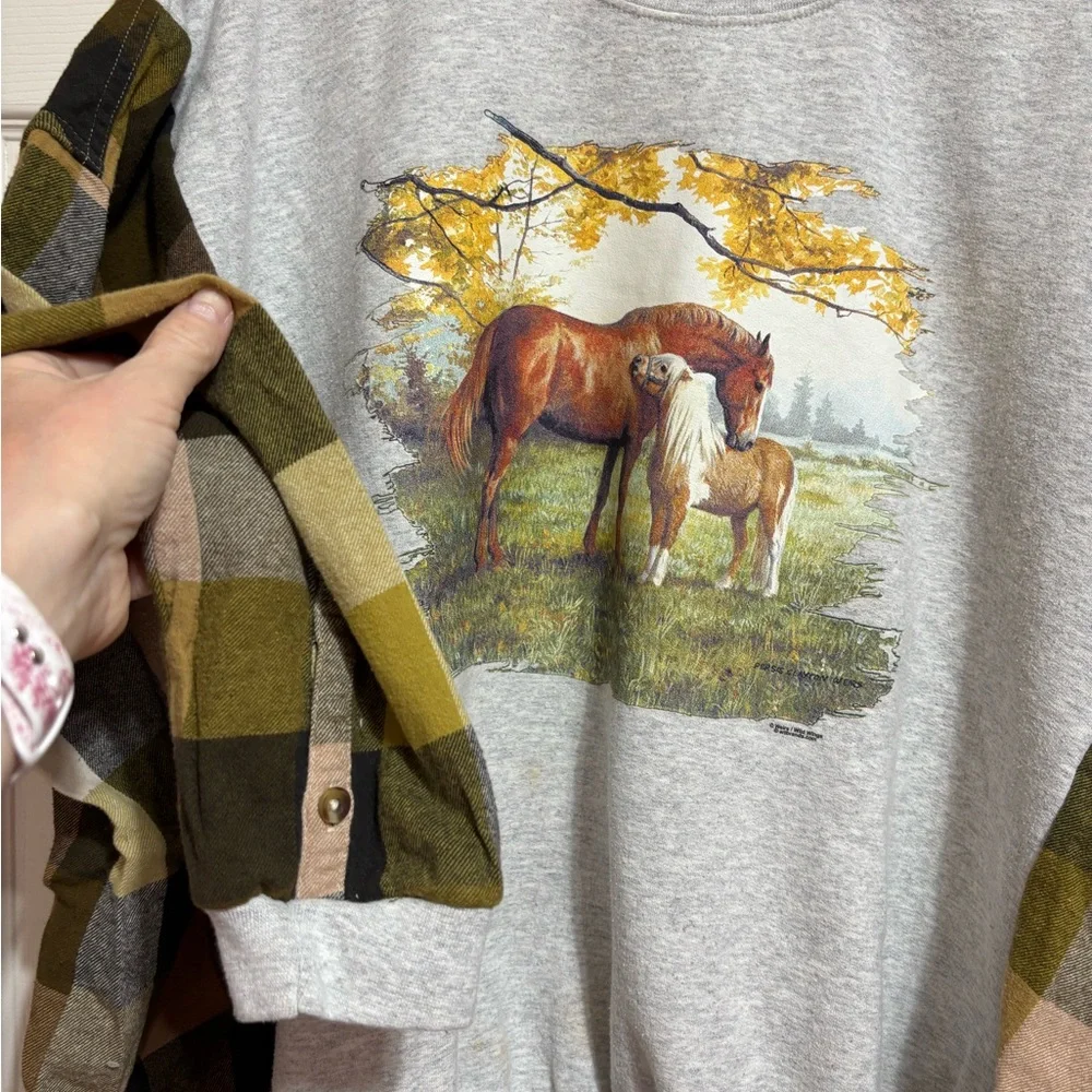 Upcycled Horse Crewneck Sweatshirt with Plaid Sleeves - Picture 4 of 6